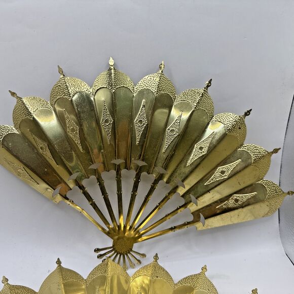 Vtg Home Interiors Gold Tone Fans Set Of 4 Wall Hanging Decor Oriental - Picture 3 of 7